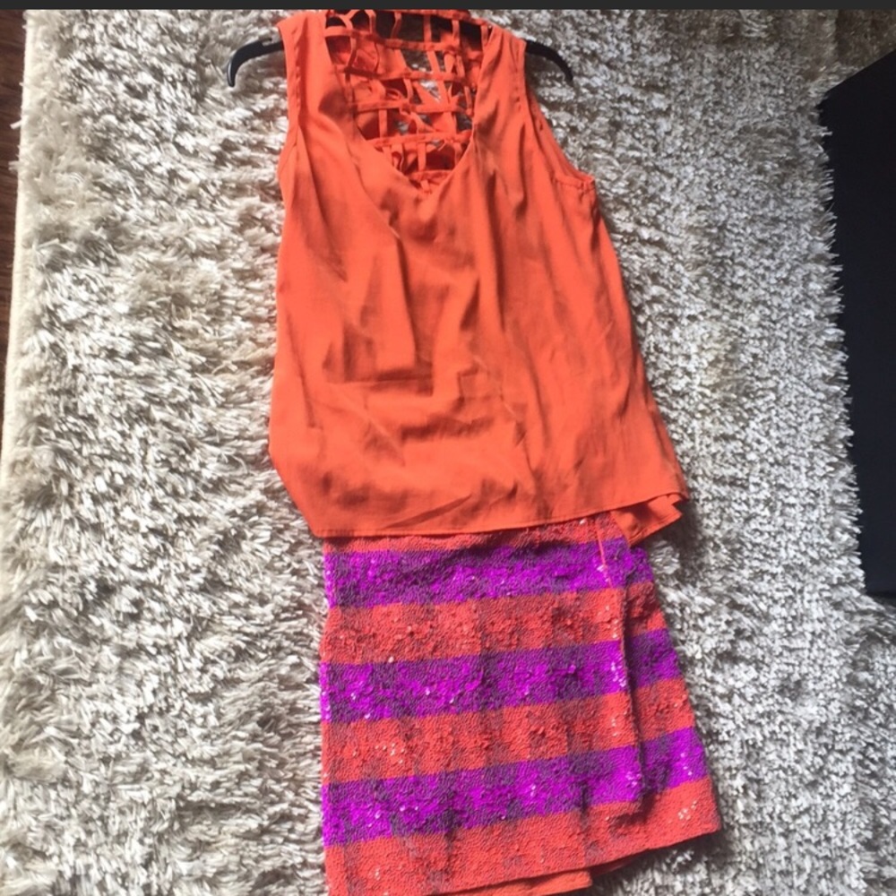 Sequin 2 piece orange /hot pink sequin skirt